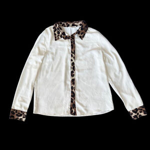 Storia White Button Down Blouse Leopard Trim | Medium | Animal Print Top